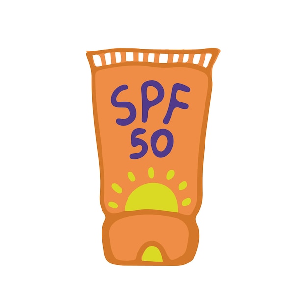 Tubo de ilustração de creme protetor solar desenhado à mão a inscrição spf 50 proteção uv vector clipart