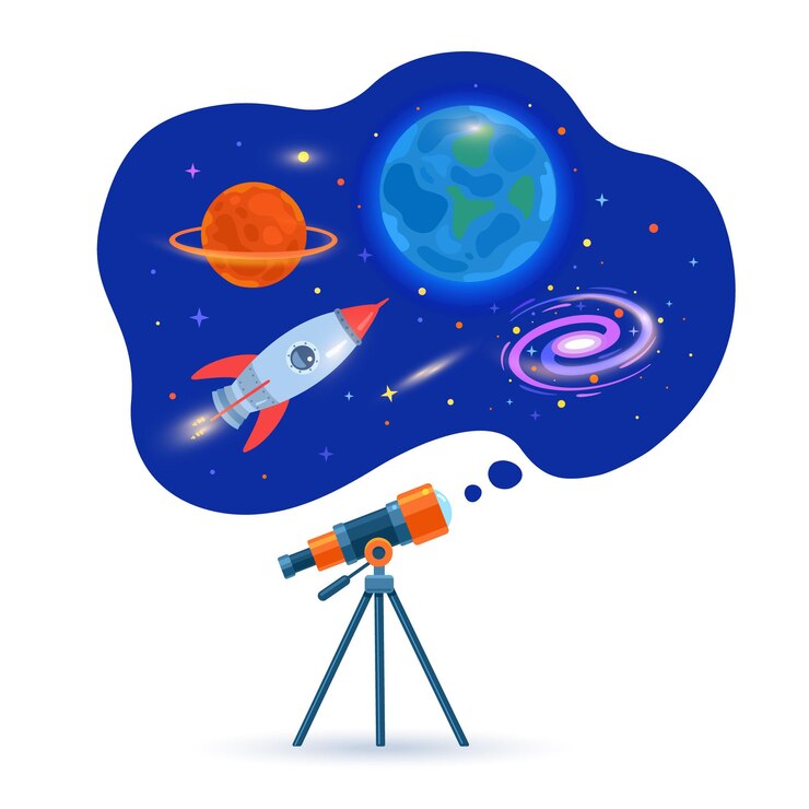 Vetor tubo de telescópio astronômico olha para planetas, galáxias e foguetes voadores
