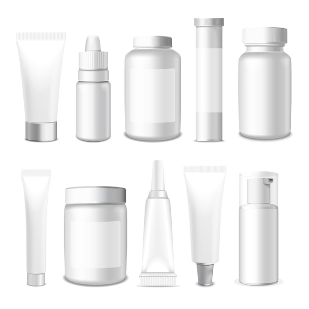 Tubos realistas, frasco e pacote. embalagem branco cosméticos e medicamentos isolados