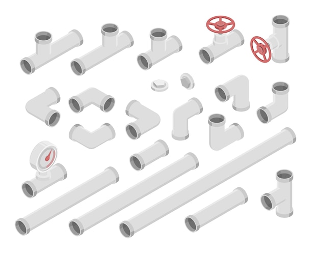 Vetor tubulação de aço isométrico tubulações de água e óleo de gás conexão industrial com conjunto de vetores isolados de válvula