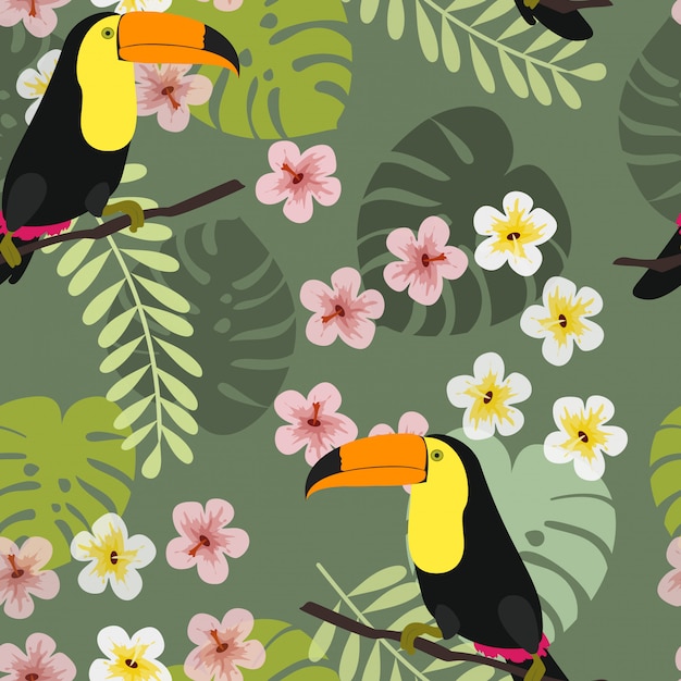 Tucano com folhas e flores tropicais.