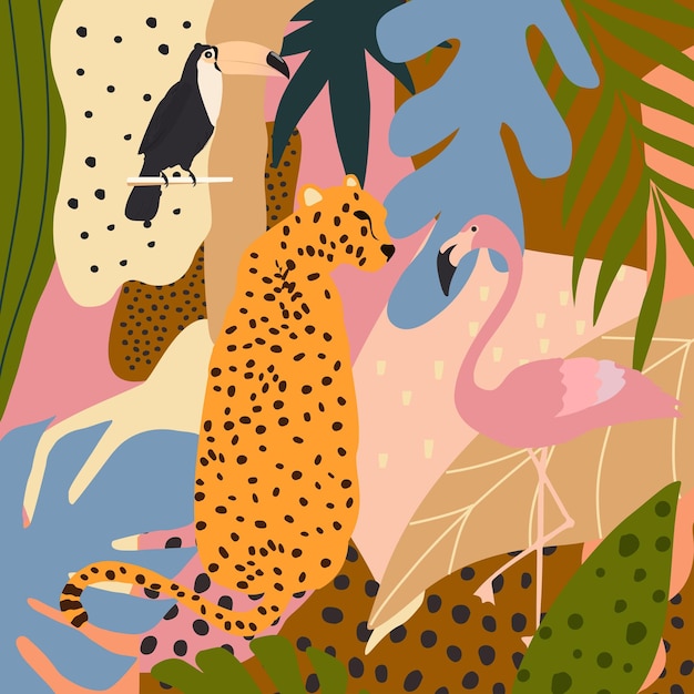 Tucano flamingo leopardo e ilustração em vetor de fundo de cartaz de folhas tropicais