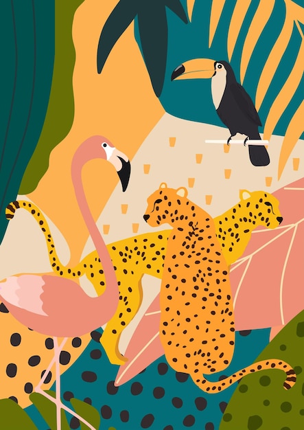 Vetor tucano flamingo leopardo e ilustração em vetor de fundo de cartaz de folhas tropicais