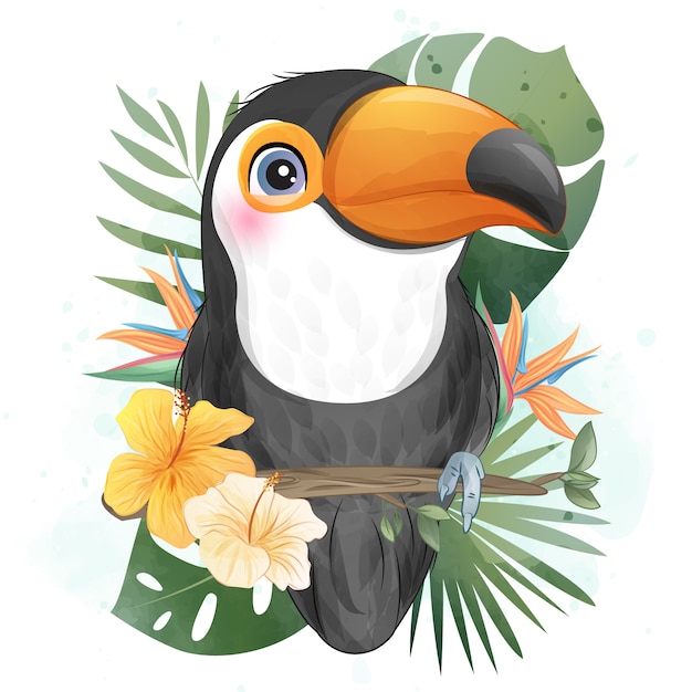 Tucano pequeno bonito com ilustração em aquarela