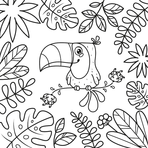 Tucano sentado no galho entre a página para colorir de folhas. delinear ilustração vetorial de desenho animado