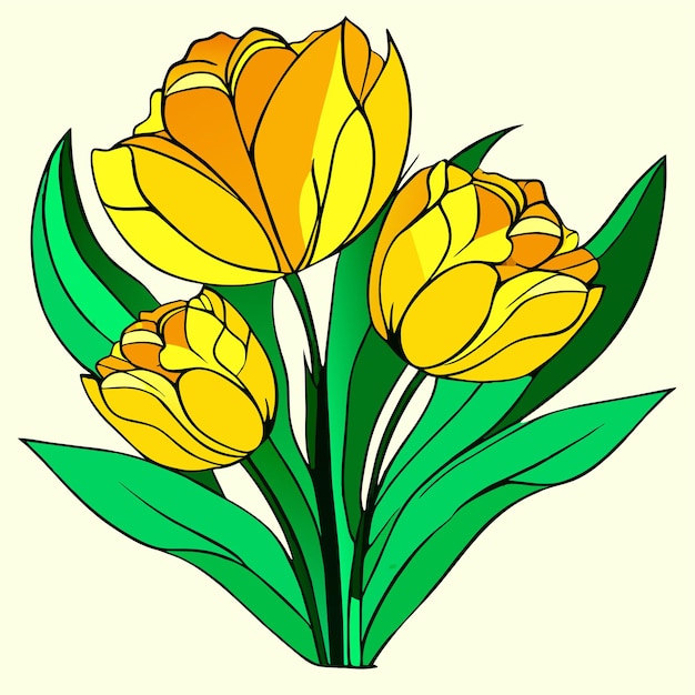 Tulipas amarelas florescem com folhas verdes