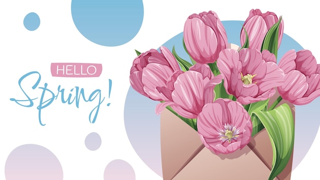 Tulipas cor-de-rosa em envelope bandeira de primavera desenho floral para o dia da mulher cartões sazonais cartazes sociais