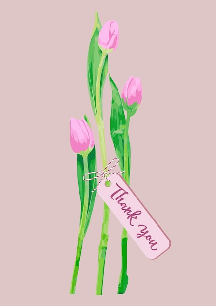 Tulipas cor de rosa isoladas e tag com texto obrigado. design de cartão