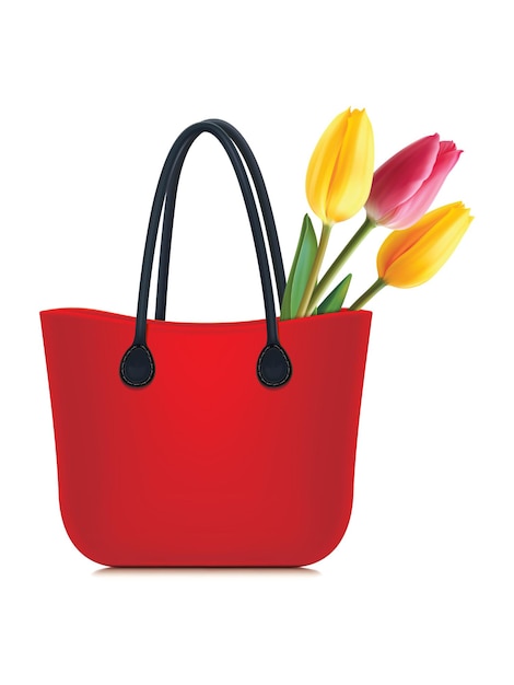 Vetor tulipas em sacola de compras isolada. ilustração realista