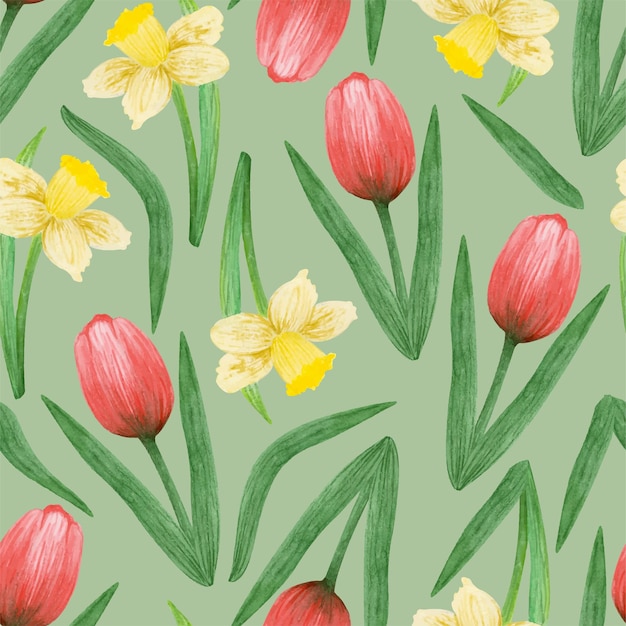 Tulipas vermelhas narcisos amarelos em um fundo verde padrão floral sem costura aquarela desenhada à mão