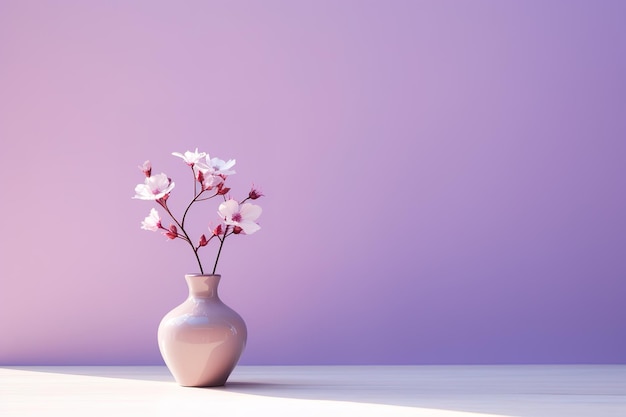 Vetor tulipas violetas em vaso branco em parede cinza de fundo