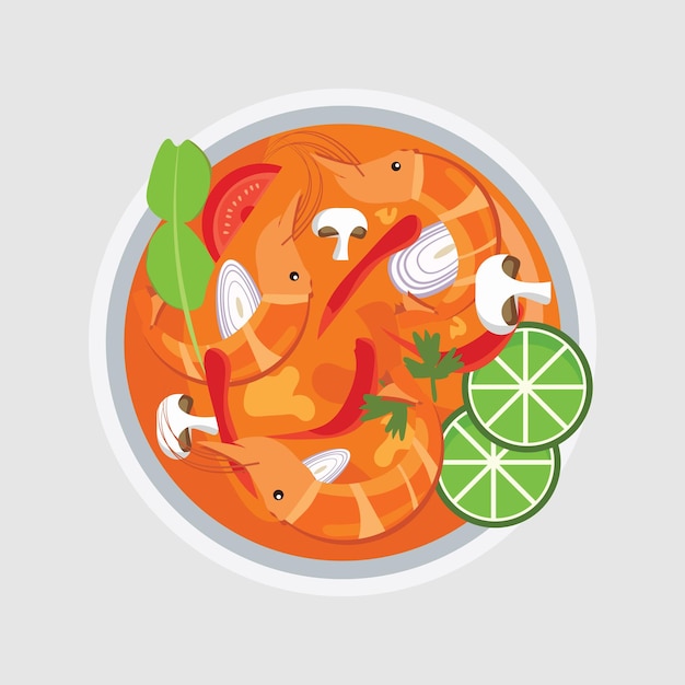 Tum Yum Kung tailandês sopa picante comida comida asiática ilustração vetorial