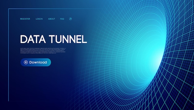 Túnel de dados digitais com padrão de grade azul criando um tema de rede futurista para a tecnologia