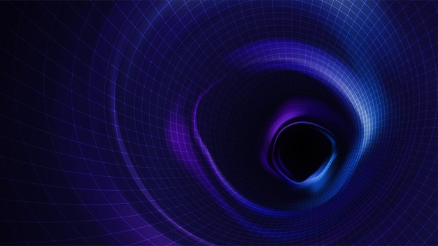 Túnel de néon brilhante Portal de círculo 3D elétrico brilhante azul roxo com malha Ilustração futurista vetorial Fundo abstrato com efeitos de luz