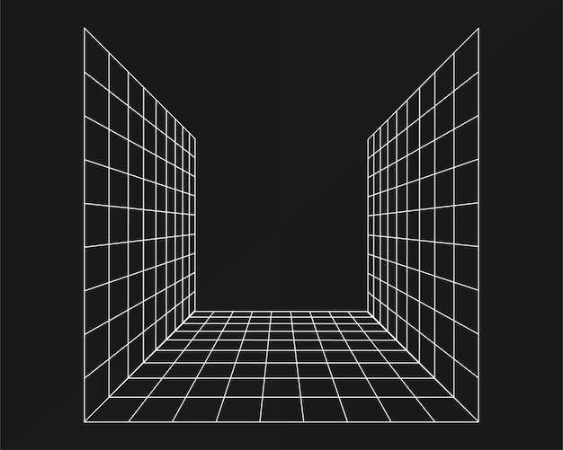 Túnel retangular de perspectiva punk retrô de grade cibernética Geometria do túnel de grade em fundo preto ilustração vetorial