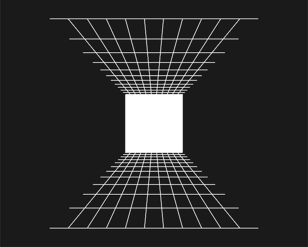 Túnel retangular de perspectiva punk retrô de grade cibernética geometria do túnel de grade em fundo preto ilustração vetorial