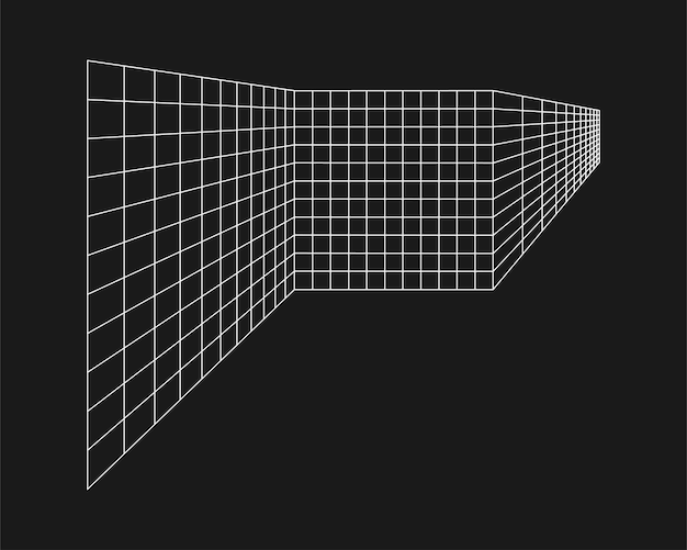 Túnel retangular de perspectiva punk retrô de grade cibernética geometria do túnel de grade em fundo preto ilustração vetorial