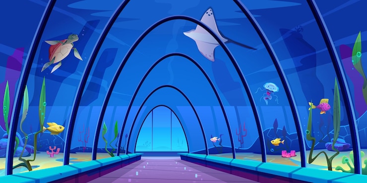 Vetor túnel subaquático em oceanário mundo subaquático colorido com peixes algas corais tartaruga peixe aranha cúpula de vidro aquário salão turístico lugar turístico educativo desenho animado vetor
