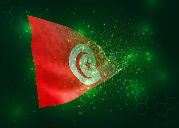 Tunísia na bandeira vetorial 3d sobre fundo verde com polígonos e números de dados