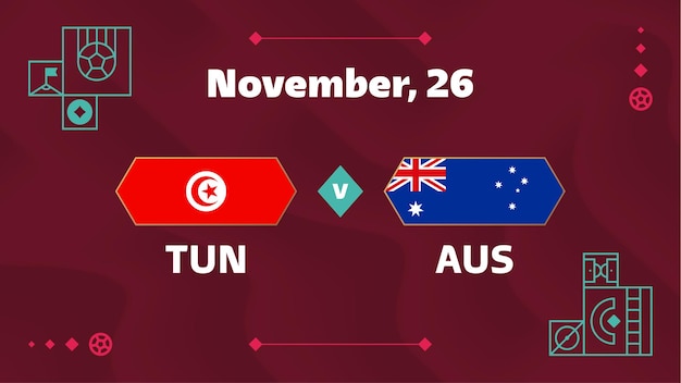 Tunísia vs austrália partida do campeonato mundial de futebol 2022 contra equipes no campo de futebol intro esporte fundo competição campeonato cartaz final ilustração vetorial de estilo plano