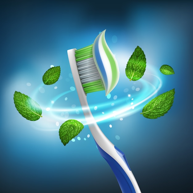 Vetor turbilhão isolado realista 3d de folhas de hortelã em torno de uma escova de dentes com pasta extrudida