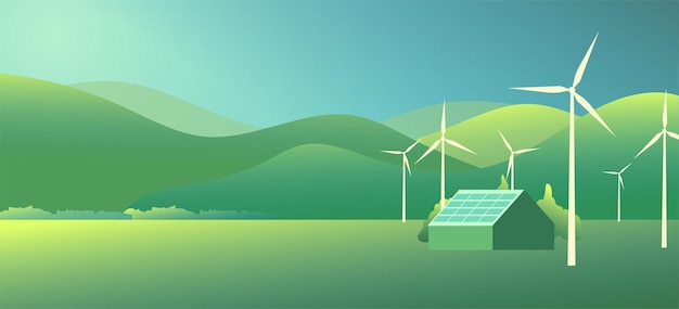 Turbina eólica de casa de fazenda e painel solar verde paisagem de energia sustentável fundo verde