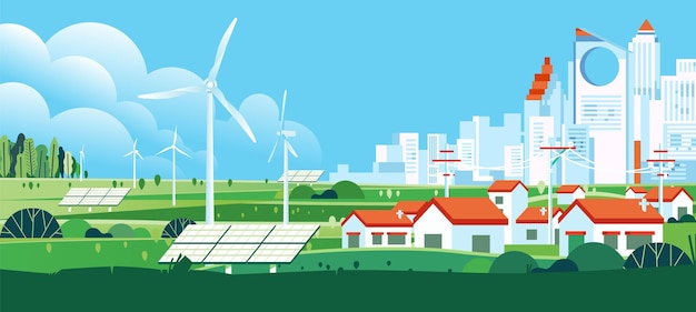 Turbina eólica e painel solar na cidade ecológica verde Bandeira alternativa de energia alternativa renovável