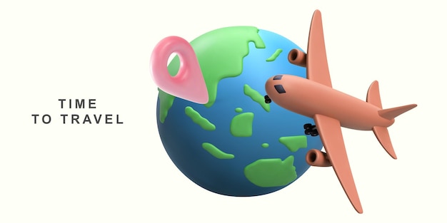 Turismo 3d e conceito de viagem e pino de localização com avião voando