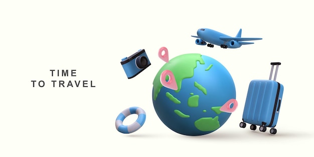Turismo 3d e conceito de viagem e pino de localização com avião voando