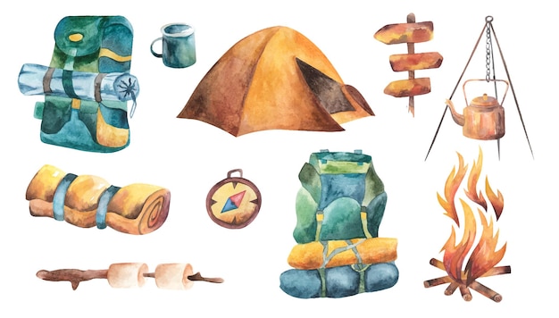 Turismo conjunto ilustrações em aquarela fogueira tenda mochila bússola