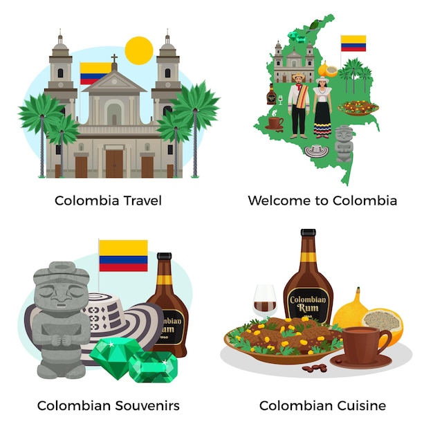 Turismo na colômbia com lembranças e ilustração plana isolada de cozinha