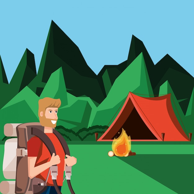 Turista de homem na zona de camping
