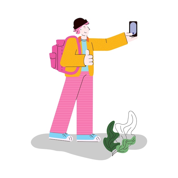 Turista faz selfie foto em ilustração vetorial plana isolada de desenho animado
