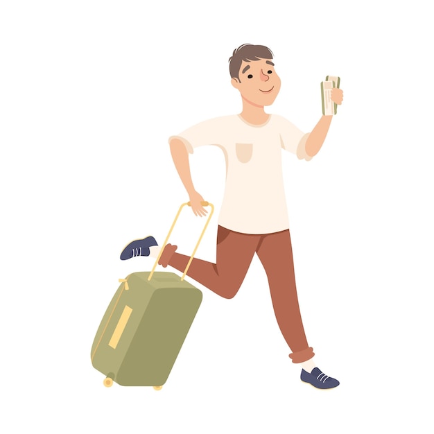 Turista masculino correndo para o voo no aeroporto Jovem correndo com mala indo para férias de verão Ilustração vetorial de desenho animado