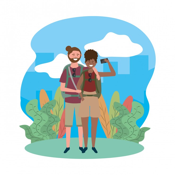 Vetor turista menino e menina com saco