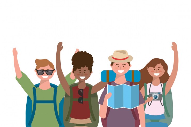 Vetor turista meninos e meninas com design de saco