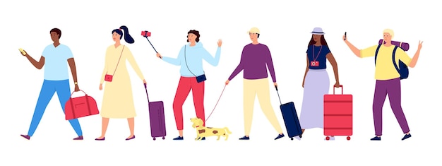Turistas andando com bagagem e mochilas Viajando pessoas indo de férias personagens com malas Mulher feliz e homem pessoas indo total conjunto de vetores