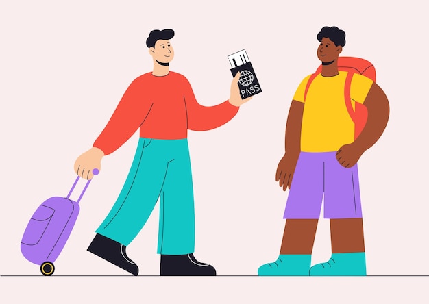 Turistas com ilustração vetorial de bagagem pessoas modernas no aeroporto com mala packpack, passaporte