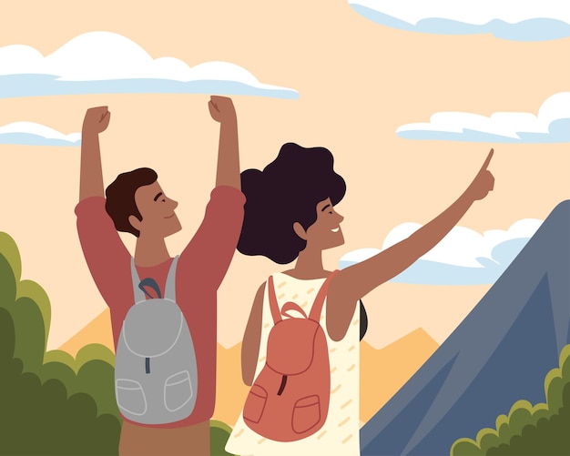 Turistas com paisagem de mochila