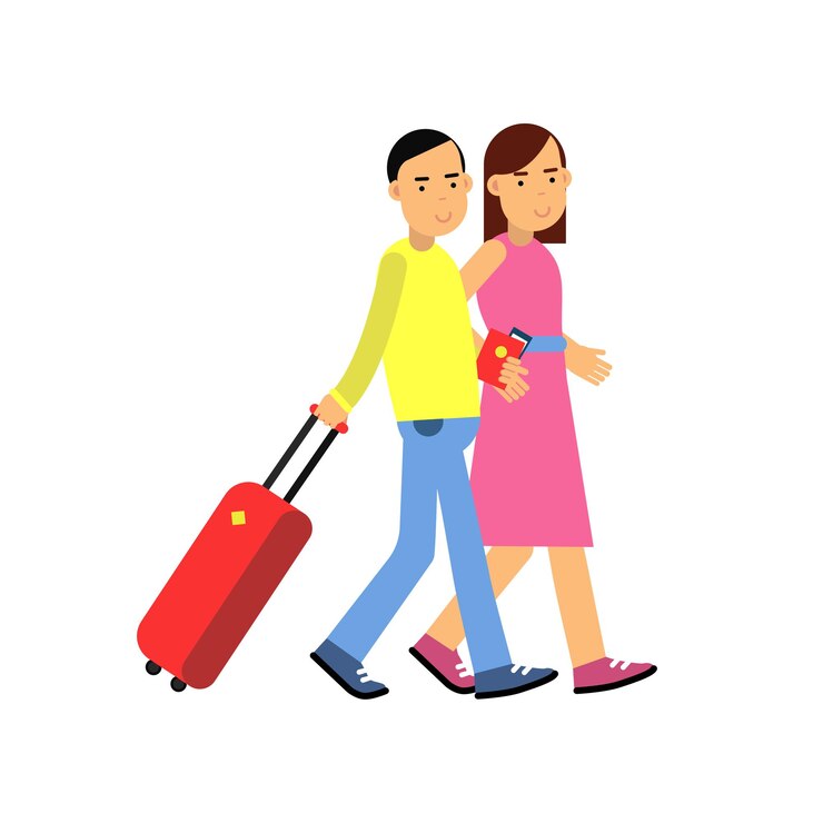 Vetor turistas de casal jovem caminhando para o aeroporto com bagagem, passaportes e bilhetes nas mãos. personagens de desenho animado homem e mulher saindo de férias. viagem em família. conceito de viagens e turismo. vetor plano isolado