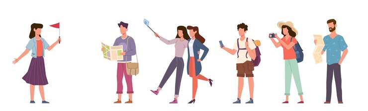 Vetor turistas e guia turístico. grupo de pessoas viajando com câmera, excursão com cicerone de turismo, família de férias sazonais e casais com smartphones e mapas vetoriais desenho plano isolado conceito