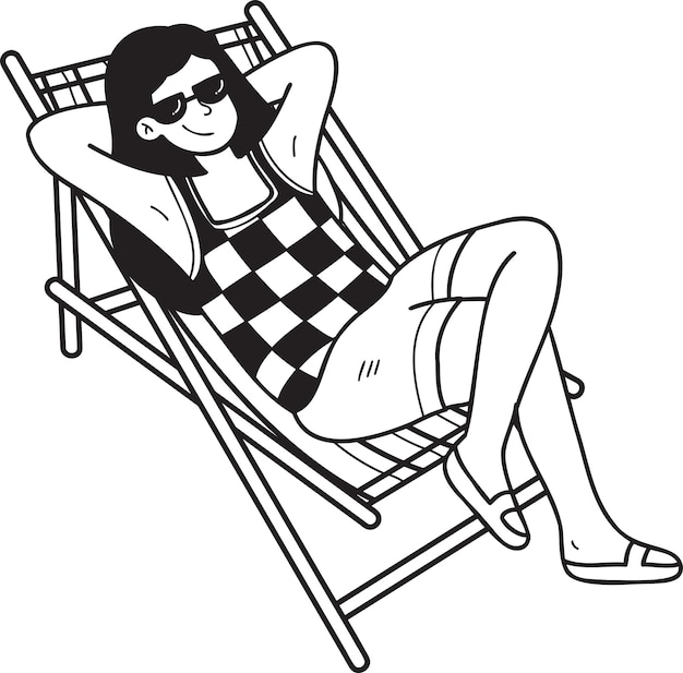 Turistas femininas desenhadas à mão tomando banho de sol em ilustração de espreguiçadeiras em estilo doodle
