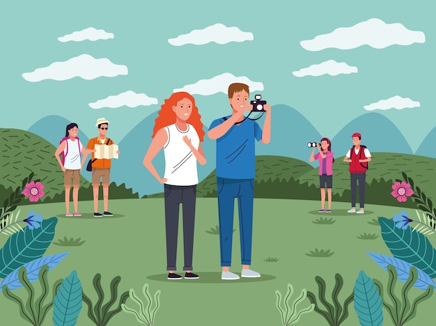 Turistas pessoas com câmera fotográfica sobre os personagens da paisagem