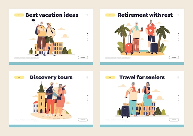 Turistas seniores viajam em páginas de destino de férias com homens e mulheres mais velhos juntos em viagem
