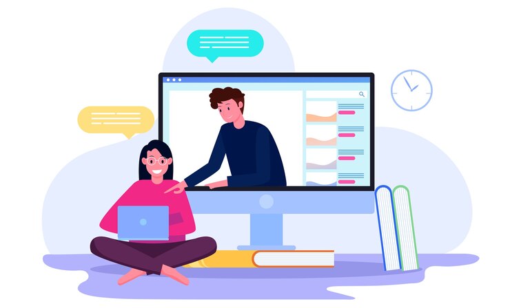 Vetor tutoria online por alunos com professores no conceito de ilustração de tela
