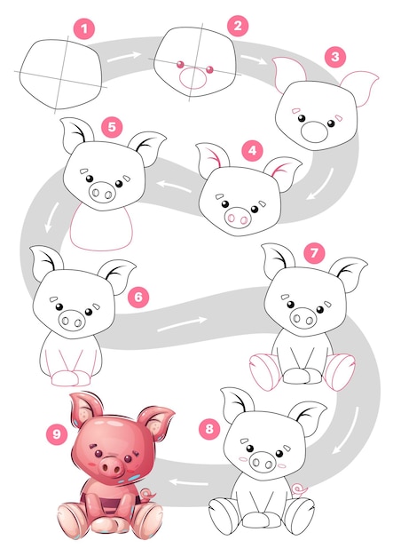 Tutorial de desenho de porco animal fofo de personagem de desenho animado