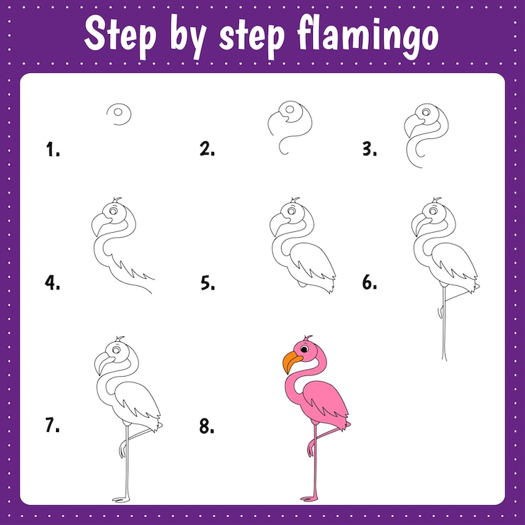 Vetor tutorial de desenho para crianças folhas de educação de nível fácil como desenhar flamingo