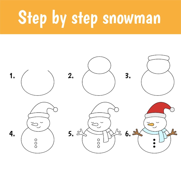 Tutorial de desenho para crianças. nível fácil. folhas de educação. como  desenhar boneco de neve