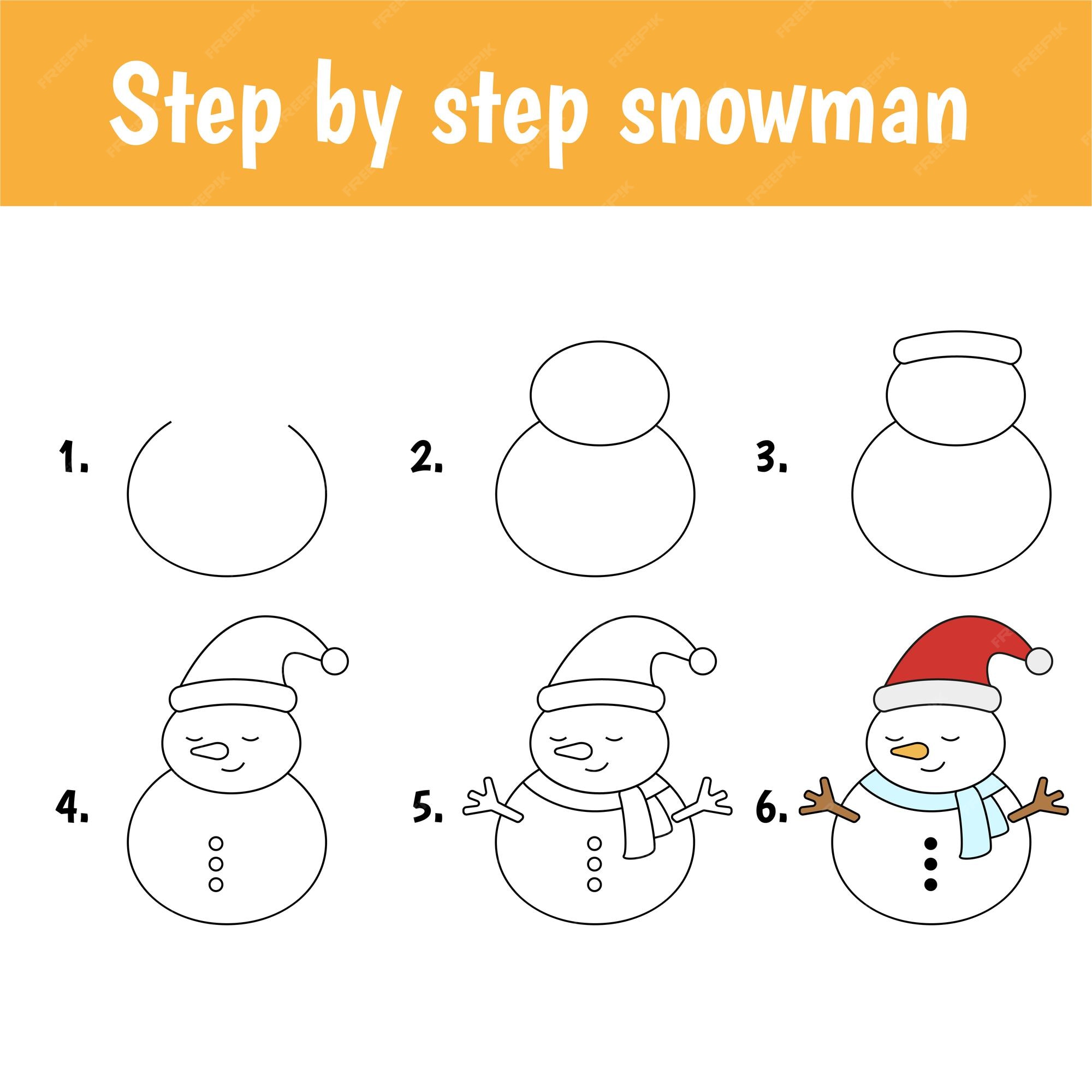 Tutorial de desenho para crianças. nível fácil. folhas de educação. como  desenhar boneco de neve