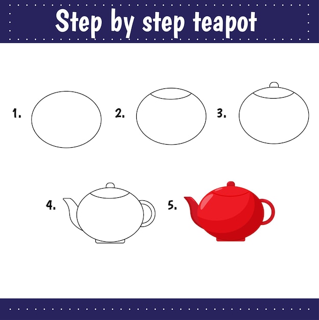 Vetor tutorial de desenho para crianças. nível fácil. folhas de educação. como desenhar bule